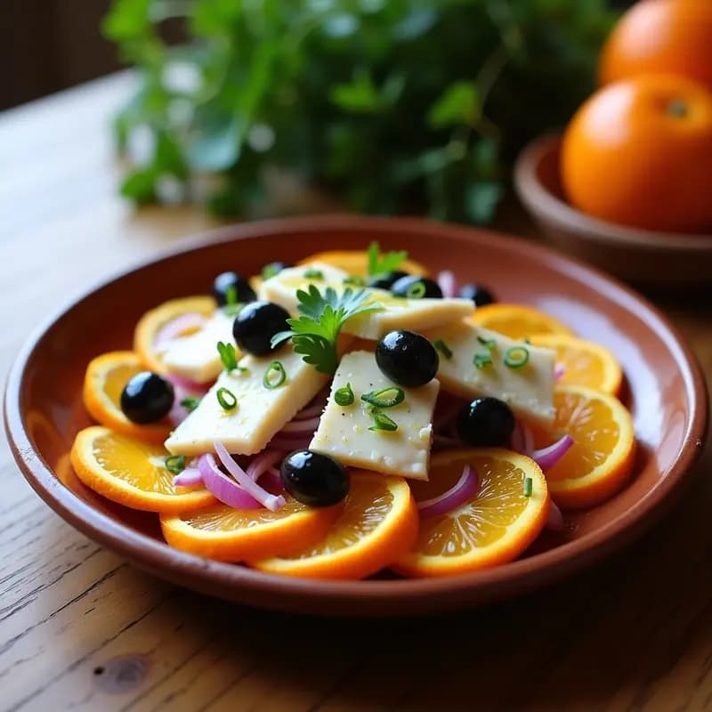 Ensalada murciana de naranja sanguina y bacalao desalado en trozos, con cebolla morada en juliana, aceitunas negras y perejil fresco. Bañada con aceite de oliva virgen extra y servida en fuente de barro rústica.