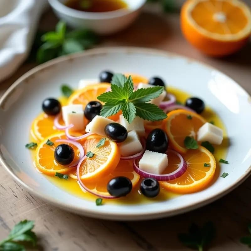 Ensalada fresca de invierno con rodajas de naranja, trozos de bacalao desalado, aceitunas negras y cebolla morada en juliana, aliñada con aceite de oliva y decorada con perejil y hierbabuena sobre un plato blanco rústico.