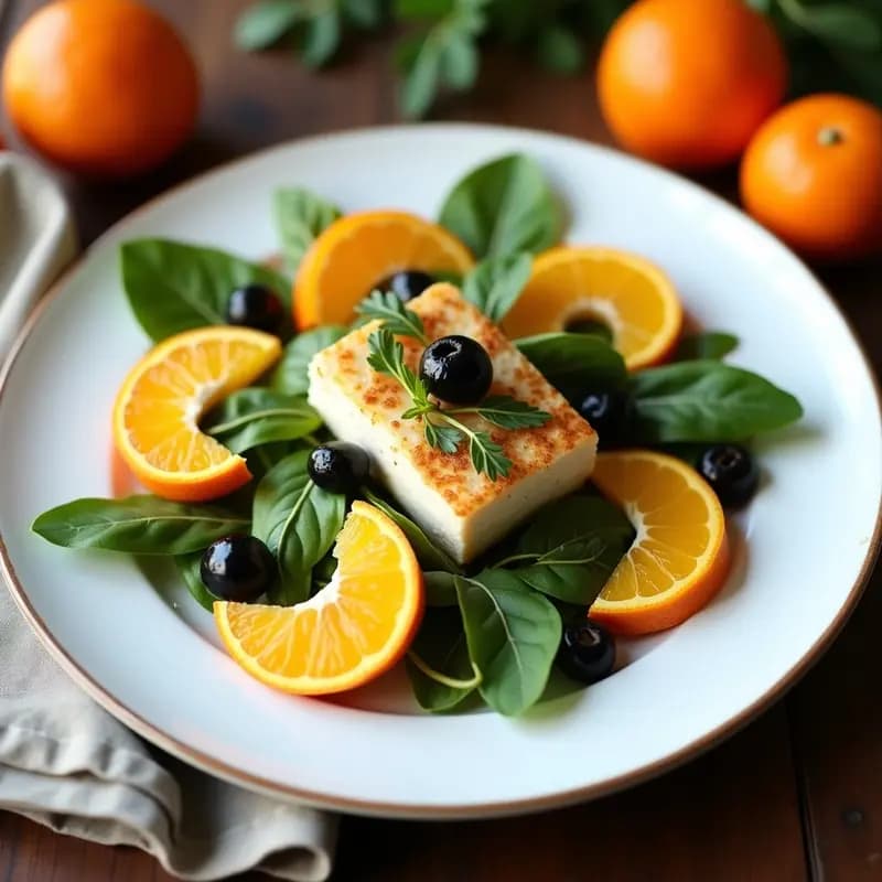 Ensalada fresca de rodajas de naranja, trozos de bacalao desalado y aceitunas verdes en una fuente blanca, decorada con perejil picado y bañada en vinagreta dorada. Plato típico mediterráneo listo para servir.
