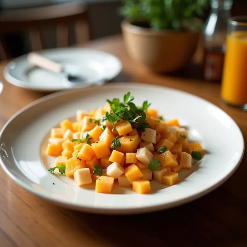 Ensalada navideña catalana en fuente de cerámica blanca, con gajos de naranja sanguina, trozos de bacalao desalado, aceitunas arbequinas, cebolla morada y perejil fresco, bañada en vinagreta dorada.