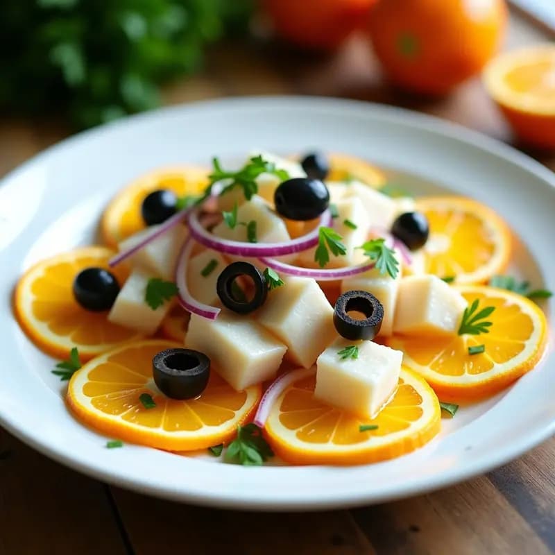 Ensalada fresca de naranja y bacalao desalado en un plato blanco, con rodajas de naranja, trozos de bacalao, cebolla morada, pimiento verde y aceitunas negras, decorada con perejil y aliñada con aceite de oliva.