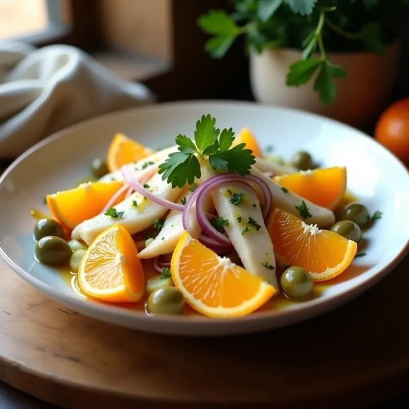 Ensalada de naranja y bacalao andaluza servida en plato blanco: rodajas de naranja fresca, trozos de bacalao desalado, cebolla morada, aceitunas verdes y perejil, con aliño de aceite de oliva y vinagre de Jerez.