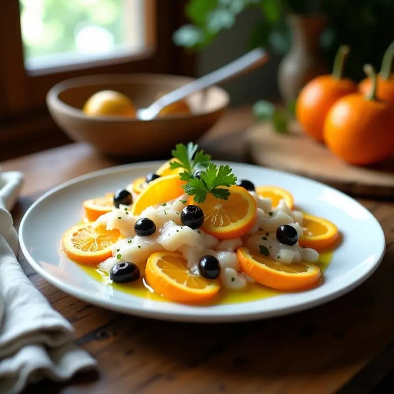 Ensalada fresca de rodajas de naranja, trozos de bacalao desmenuzado, cebolla morada, aceitunas negras y perejil, servida en plato blanco con aliño de aceite de oliva virgen extra, ideal para Navidad.