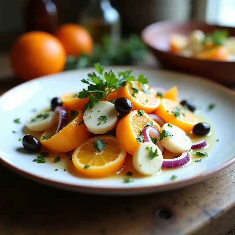 Ensalada navideña valenciana con gajos de naranja fresca, trozos de bacalao desalado, aceitunas arbequinas y cebolla morada, bañada en una vinagreta brillante de aceite de oliva, vinagre y miel, decorada con perejil picado sobre un plato blanco rústico.