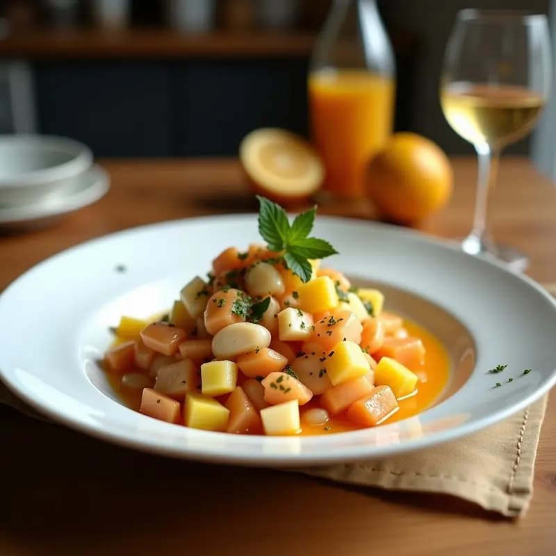 Ensalada fresca de invierno con gajos de naranja sanguina, trozos de bacalao desmigado, cebolla morada y aceitunas negras, bañada en vinagreta de miel y decorada con perejil. Plato colorido y apetecible sobre fondo rústico.