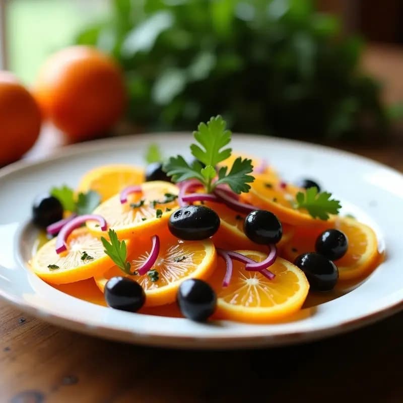 Ensalada andaluza de rodajas de naranjas Navel con aceitunas negras y cebolla morada en juliana, aliñada con aceite de oliva y decorada con cilantro fresco sobre un plato blanco rústico.
