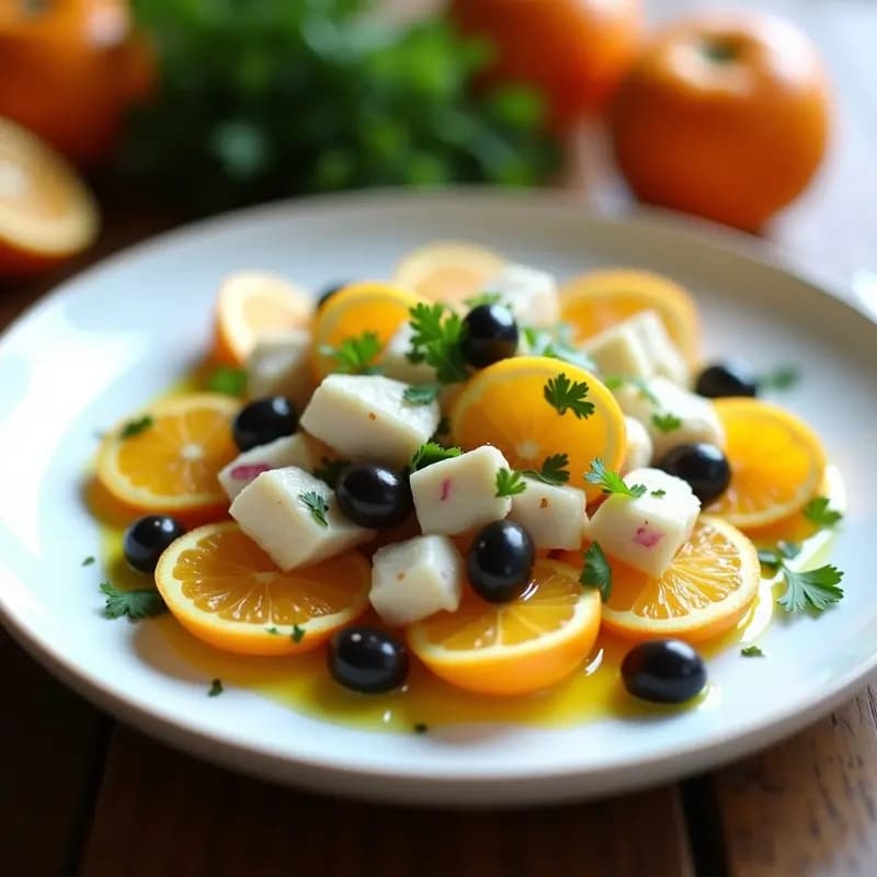 Ensalada murciana fresca en fuente blanca con rodajas de naranja, bacalao desalado desmenuzado, cebolla morada, aceitunas negras y perejil, aliñada con aceite de oliva virgen extra.