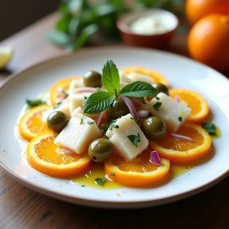 Ensalada andaluza fresca con rodajas de naranja, tacos de bacalao desalado, aceitunas verdes y cebolla morada, aliñada con aceite de oliva y vinagre de Jerez, decorada con hierbabuena sobre un plato blanco rústico.