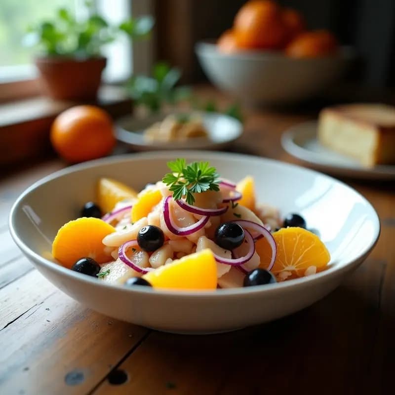 Ensalada fresca de invierno en bol blanco: gajos de naranja jugosos, bacalao desalado desmenuzado, cebolla morada en juliana y aceitunas negras, aliñada con vinagreta brillante y decorada con perejil. Plato colorido y apetecible sobre fondo rústico de madera.