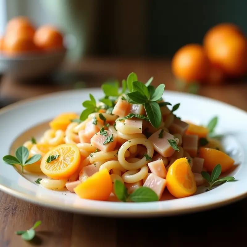 Ensalada fría de invierno con rodajas de naranjas sanguinas de color rojo intenso, trozos de bacalao desalado blanco, cebolla morada en juliana, aceitunas verdes y perejil fresco, servida en un plato hondo de cerámica blanca con aliño brillante de aceite y vinagre.