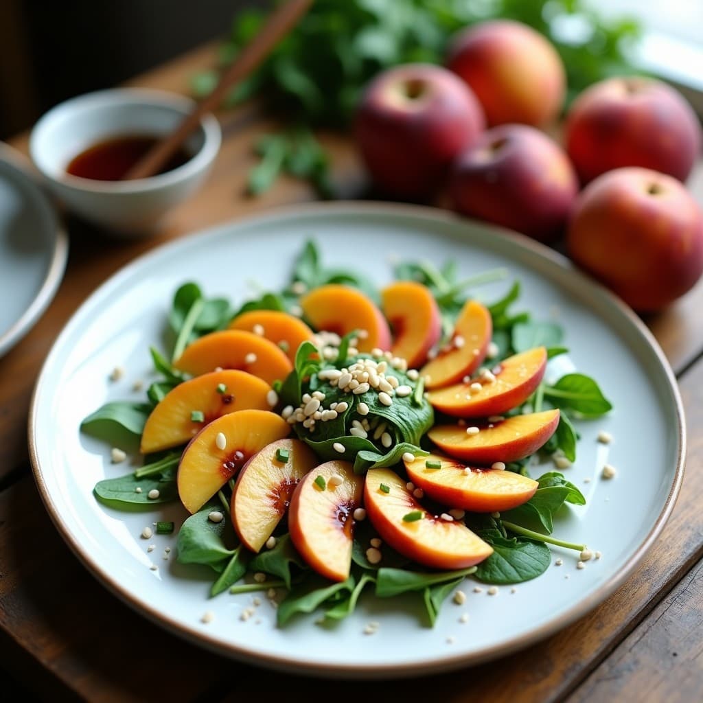 Ensalada fresca de rúcula y nectarinas en gajos sobre plato blanco, con almendras tostadas y semillas de sésamo. Vinagreta brillante de vinagre de arroz negro. Receta china sin gluten.