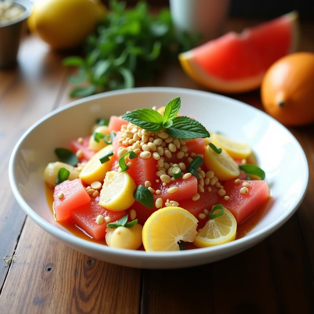 Ensalada keto brasileña en bol blanco con palma de corazón en rodajas, gajos de pomelo rosa, cacahuetes tostados y semillas de sésamo, bañada en vinagreta de limón y jengibre, decorada con hojas de menta fresca.