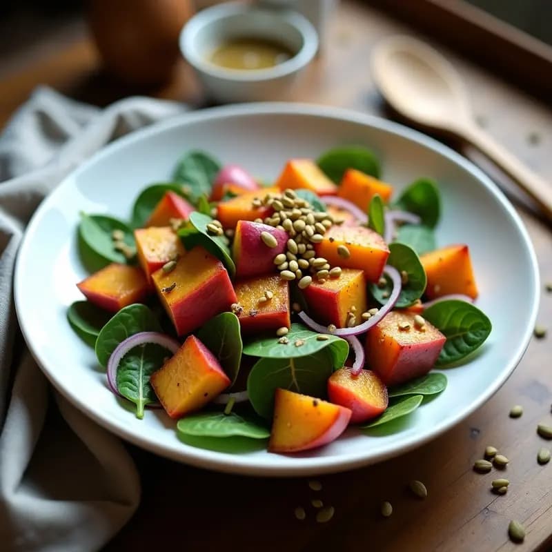 Ensalada vegana en bol de cerámica blanca con cubos dorados de boniato y patata, espinacas frescas, cebolla morada y semillas de girasol, bañada en aderezo cremoso de tahini y mostaza.