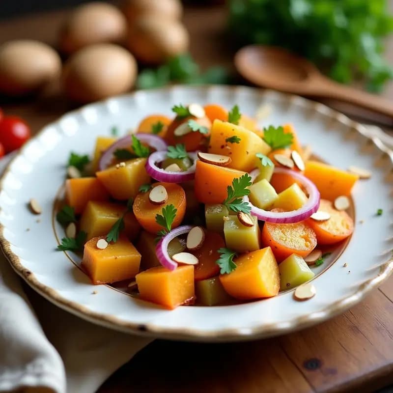 Ensalada colorida de patata y boniato asados al horno, con cebolla morada, apio y almendras tostadas, servida en plato blanco rústico.