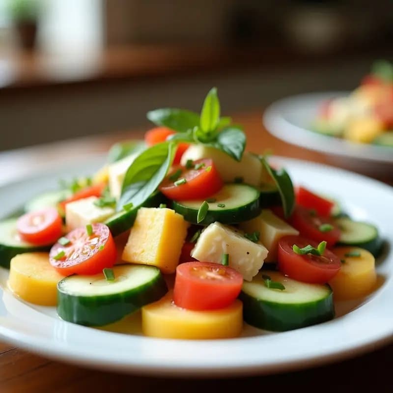 Ensalada fresca chipriota en bol blanco con pepino en rodajas, cubos de melón galia, queso halloumi en tacos, tomate pera, cebolla morada y aceitunas negras. Aliño brillante con hojas de menta fresca y semillas de hinojo espolvoreadas. Plato colorido y apetecible sobre fondo rústico de madera.