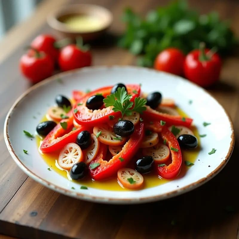 Ensalada fría de pimientos asados en tiras con filetes de anchoas, aceitunas negras y cebolla morada en juliana, servida en un plato blanco rústico con aliño de aceite de oliva y perejil fresco.