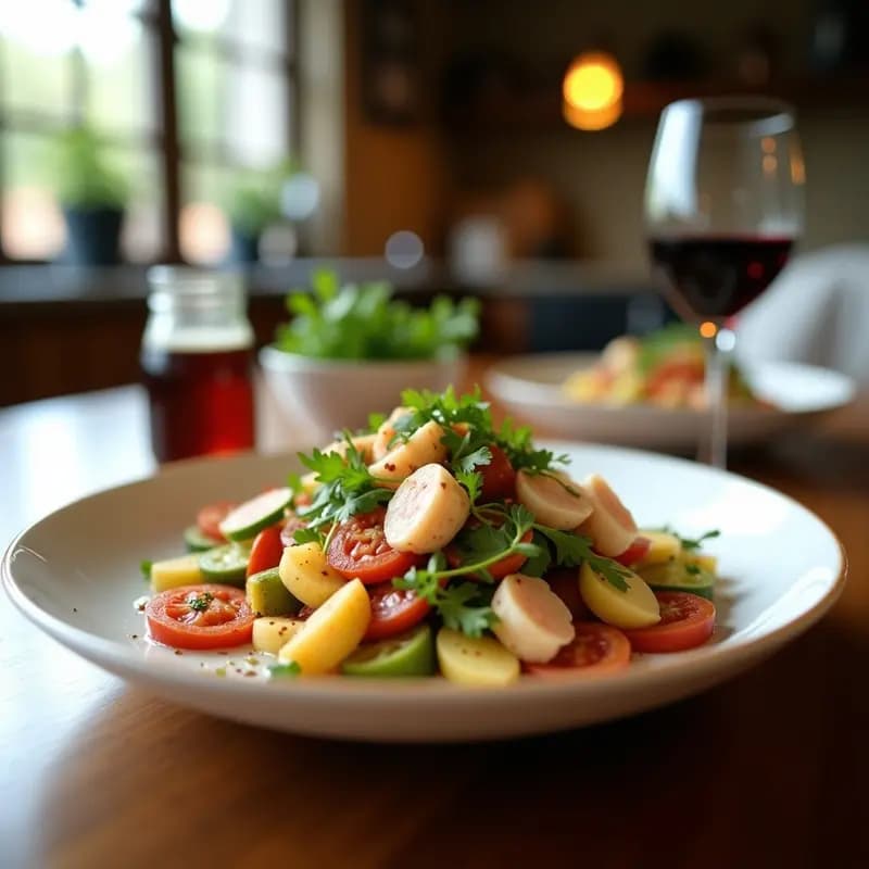 Ensalada murciana de Semana Santa con pimientos asados en tiras rojas y verdes, bacalao desalado desmenuzado, huevo duro en cuartos, aceitunas verdes y cebolla morada, servida en un plato blanco rústico con aliño de aceite de oliva.