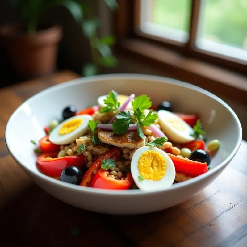 Ensalada veraniega de pimientos asados rojos y verdes en tiras, bonito en aceite desmenuzado, cebolla morada en juliana, huevo duro en cuartos y aceitunas negras, servida en un plato blanco hondo con aliño de aceite de oliva y perejil fresco.