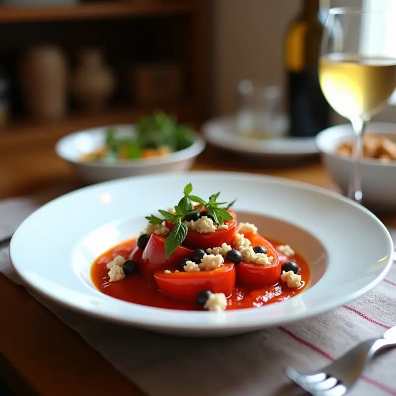 Ensalada fresca de pimientos asados en tiras, ventresca de atún desmenuzada, anchoas, cebolla morada, aceitunas negras y huevo duro, servida en un plato hondo blanco con perejil picado y aliño brillante.