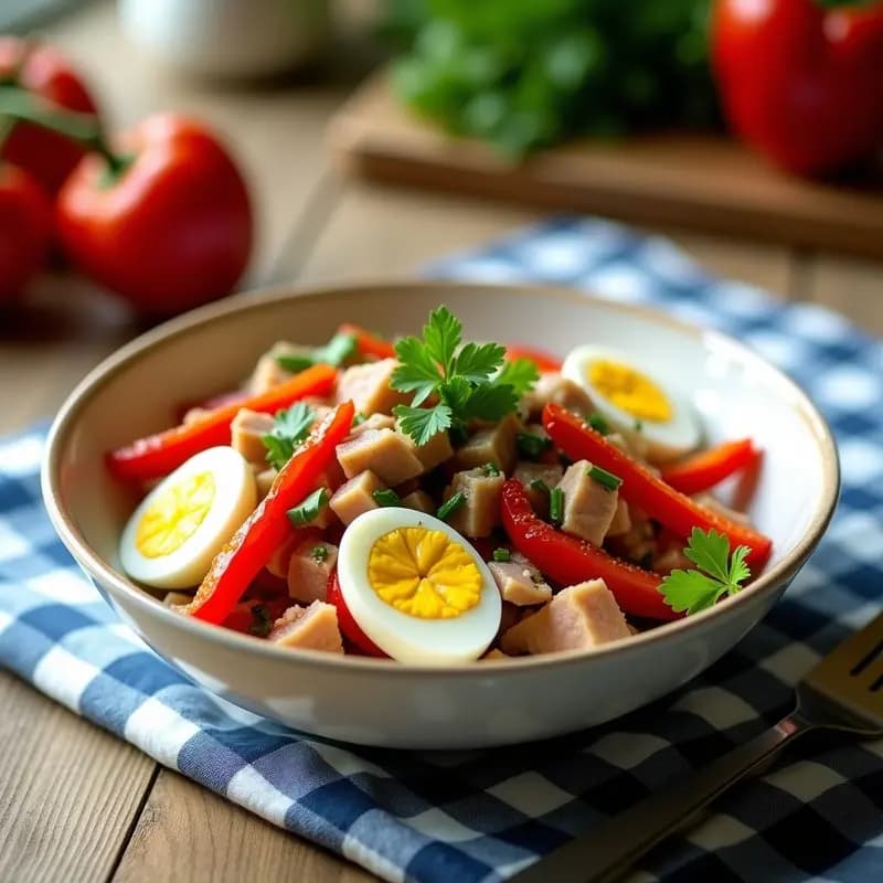 Ensalada murciana de verano en plato blanco hondo, con tiras de pimientos asados rojos y verdes, trozos de ventresca de atún, cuartos de huevo duro y cebolla morada picada, aliñada con aceite de oliva y perejil fresco.