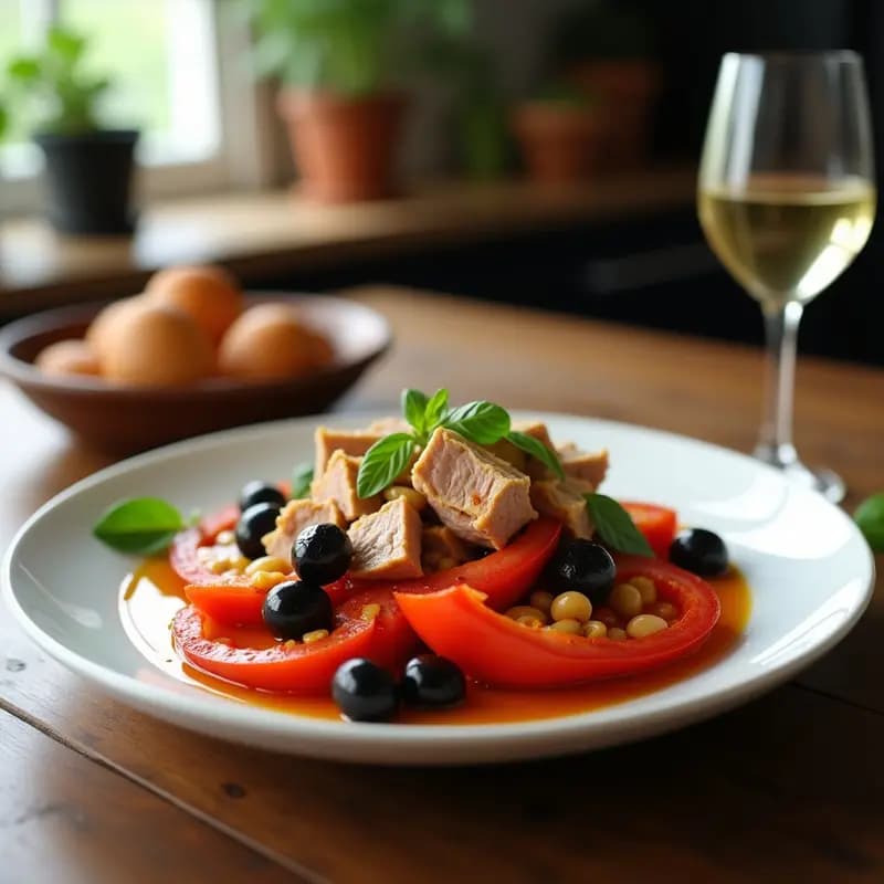 Ensalada andaluza fresca de pimientos asados en tiras, ventresca de atún desmenuzada, aceitunas negras y cebolla morada, con perejil picado y un hilo de aceite de oliva sobre un plato blanco rústico.