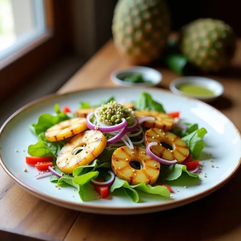 Ensalada fresca de canónigos con rodajas doradas de piña asada, cebolla morada y pimiento rojo, bañada en vinagreta de wasabi y decorada con semillas de sésamo. Plato colorido y apetecible, típico de la fusión japonés-española.