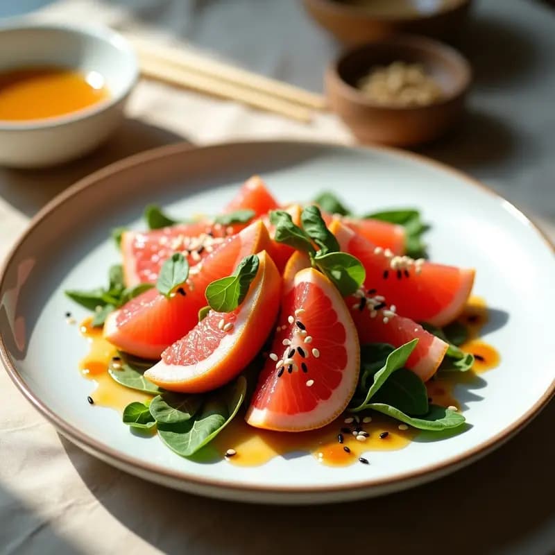 Ensalada fresca de pomelo rosa y canónigos en plato blanco, con semillas de sésamo tostadas y vinagreta brillante, servida con palillos chinos de bambú.