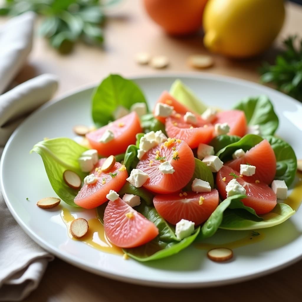 Ensalada francesa keto de pomelo rosa y endibias frescas en plato blanco, con queso de cabra desmenuzado, almendras tostadas y vinagreta de mostaza y miel brillante. Fondos borrosos con toques de hinojo y ralladura de limón.