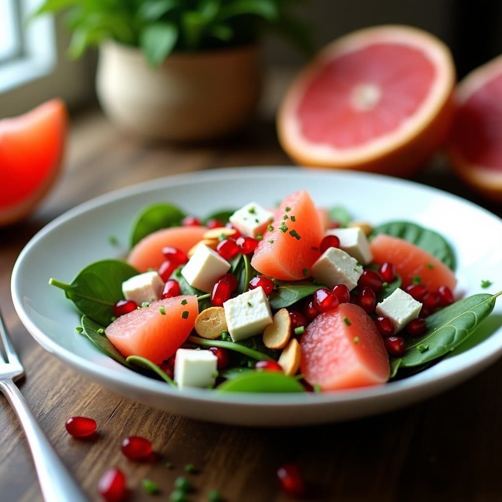 Ensalada griega fresca con gajos de pomelo rosa, queso de cabra desmenuzado, semillas de granada y almendras tostadas, servida en un bol blanco sobre fondo rústico de madera.