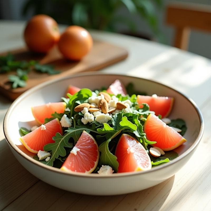 Ensalada fresca de pomelos rosados en trozos, rúcula verde intensa, queso feta desmenuzado y almendras fileteadas, bañada con vinagreta dorada de miel de tomillo. Plato blanco rústico sobre fondo de madera clara, con luz natural.