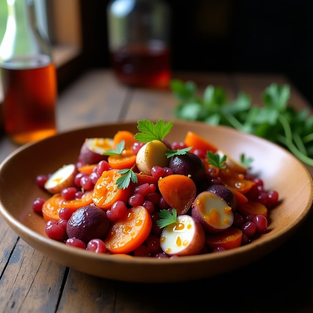 Ensalada gallega de pulpo tierno y batata morada asada en cubos, con cebolla morada, pimiento verde y apio, bañada en una vinagreta dorada de pimentón. Servida en plato rústico de barro con perejil fresco.
