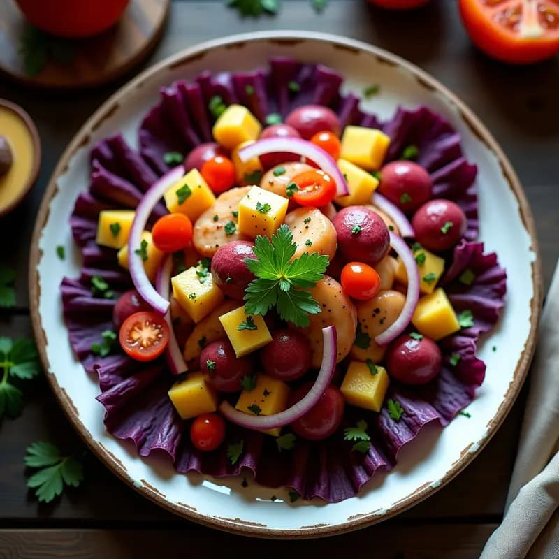 Ensalada fría de pulpo en trozos y papa morada en cubos, bañada en aderezo cremoso de ají amarillo, decorada con huevo duro, cebolla roja y cilantro sobre un plato blanco rústico.