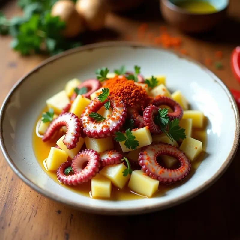 Ensalada gallega fresca de pulpo cocido en trozos, patatas cocidas en cubos, cebolla morada picada y perejil, espolvoreada con pimentón dulce de la Vera sobre un plato blanco rústico.