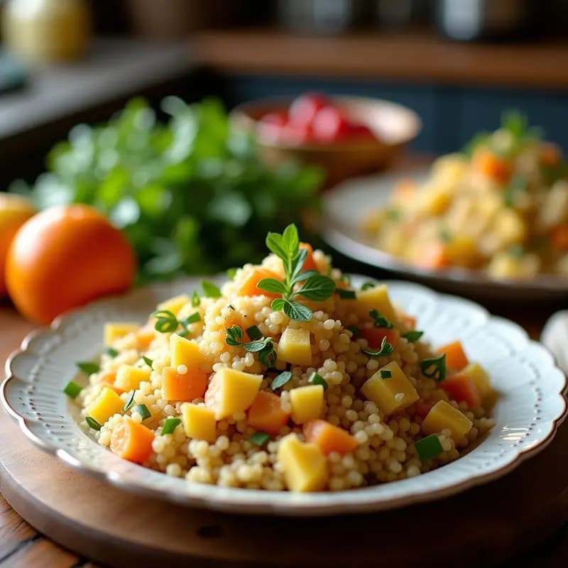 Ensalada fresca de quinoa con espinacas verdes, gajos de naranja sanguina y almendras fileteadas, servida en un bol blanco con semillas de chía espolvoreadas.