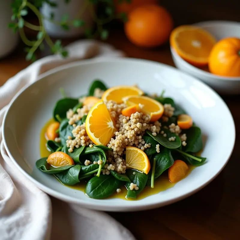 Ensalada fresca de quinoa con espinacas verdes, gajos de naranja sanguina, cubos de aguacate y queso feta desmenuzado, decorada con almendras fileteadas sobre un plato blanco rústico.