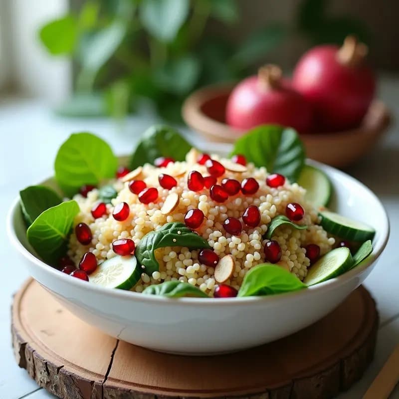 Ensalada colorida en bol de cerámica blanca con quinoa, semillas de granada rojas, espinacas verdes, pepino y almendras fileteadas, acompañada de un aliño dorado.