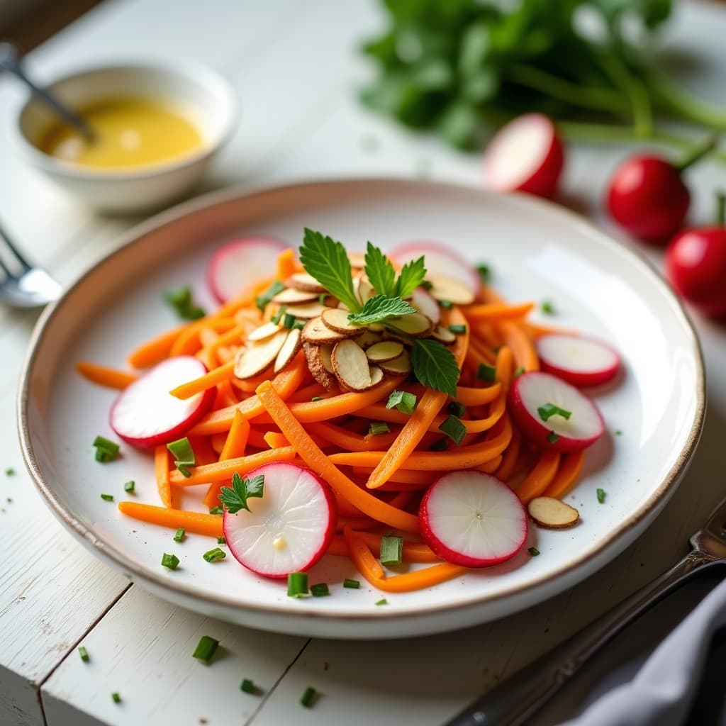 Ensalada francesa fresca de rabanitos y zanahoria en juliana, con vinagreta de mostaza de Dijon, almendras tostadas y perejil picado sobre un plato blanco rústico.