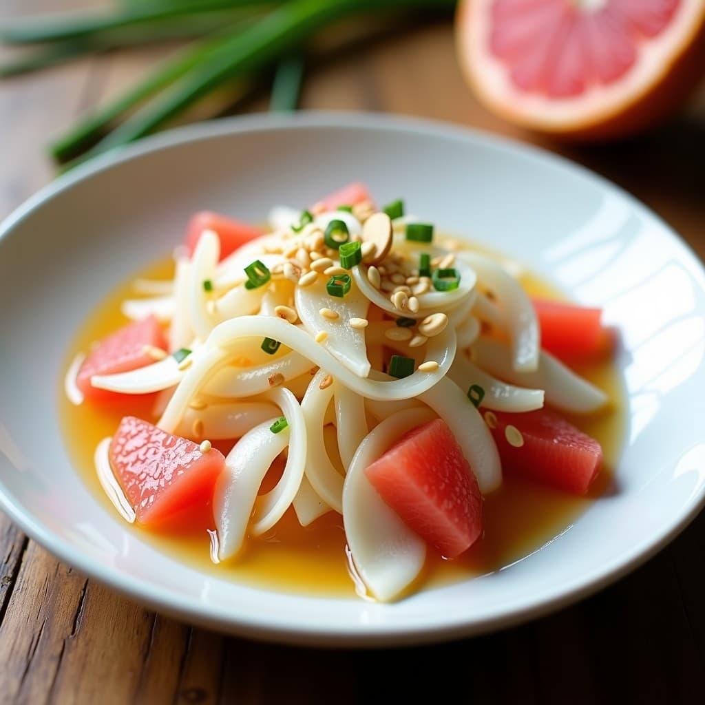 Ensalada china fresca y crujiente con rábanos daikon en juliana, gajos de pomelo rosa, semillas de sésamo tostadas y almendras fileteadas, bañada en vinagreta de miel de agave y decorada con cebollino picado.