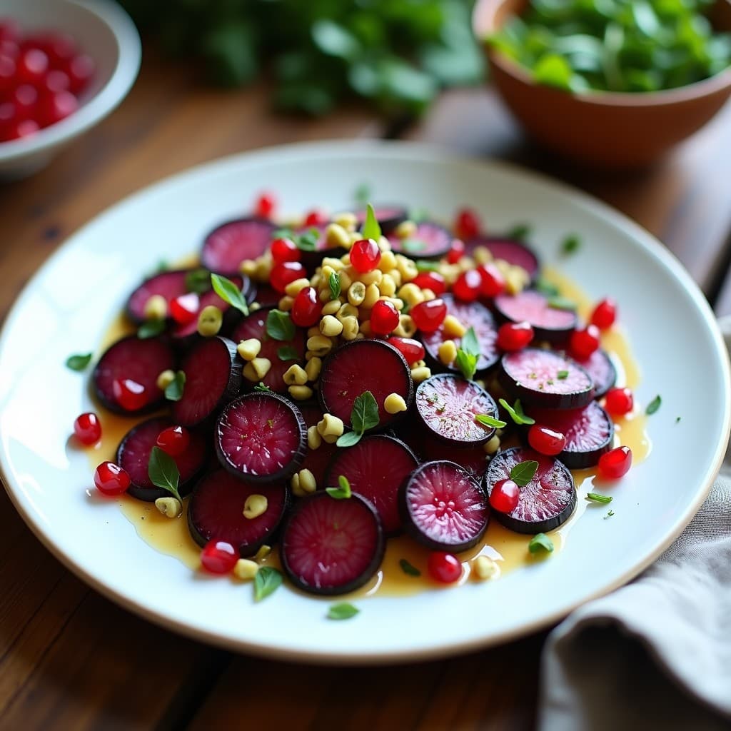 Ensalada persa vibrante con rodajas finas de rábanos negros, granos de granado rojos intensos, hinojo en juliana y pistachos tostados, bañada en vinagreta de naranja amarga. Plato servido en fuente de cerámica blanca con decoración de granos de granado y cebollino fresco.