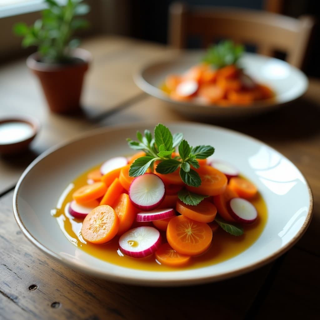 Ensalada francesa de rábanos y zanahoria en rodajas finas, con almendras tostadas y perejil fresco, adornada con vinagreta de mostaza y miel de lavanda en un bol de cerámica blanca sobre fondo rústico.