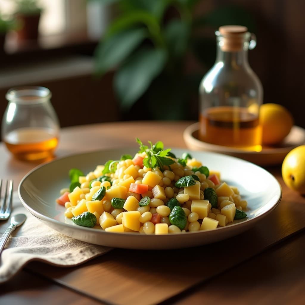 Ensalada crudivegana china en bol de cerámica blanca, con rodajas translúcidas de raíz de loto, juliana de manzana verde, pepino y cebolla morada. Aliñada con vinagreta de vinagre de arroz negro y decorada con semillas de sésamo negro, cilantro fresco y un toque de pimienta de Sichuan. Texturas crujientes y colores vibrantes sobre fondo de madera oscura.