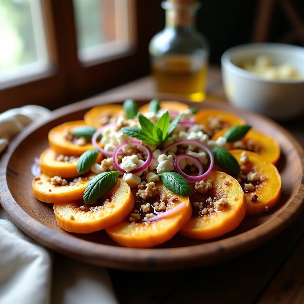 Ensalada portuguesa de randas asadas doradas en rodajas sobre una fuente de madera, con queso de cabra desmenuzado, cebolla morada en juliana, nueces tostadas y hojas de menta fresca. Vinagreta de vinagre balsámico brillante rociada por encima, con luz natural resaltando los colores vibrantes.