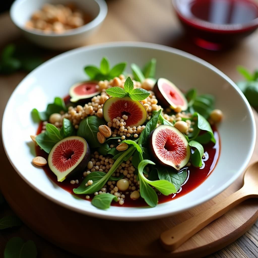Ensalada griega vegana en plato blanco hondo con rúcula baby, higos frescos en cuartos, cevada inflada y almendras tostadas, bañada en vinagreta brillante de reducción de vino tinto. Decorada con hojas de menta fresca y pimienta rosa sobre fondo rústico de madera.