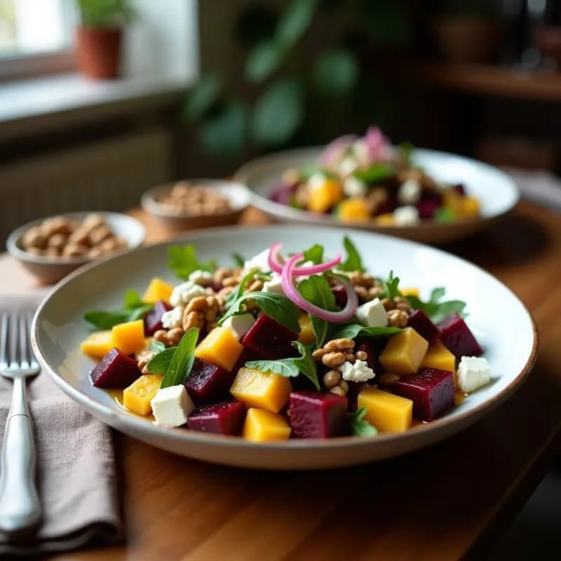 Ensalada otoñal en fuente blanca con remolacha asada en cubos dorados, queso de cabra desmenuzado, nueces enteras y rúcula fresca. Aliñada con vinagreta brillante y decorada con cebolla morada en juliana.