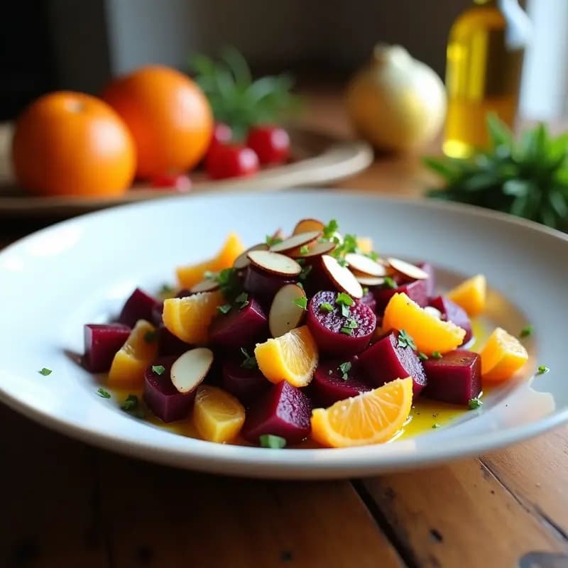 Ensalada fresca de remolacha en cubos, gajos de naranja y cebolla morada en juliana, decorada con hinojo picado y almendras tostadas, con un hilo de aceite de oliva virgen extra, servida en un plato blanco rústico.
