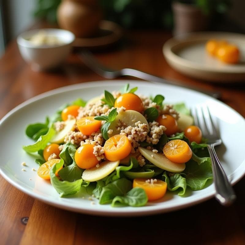 Ensalada vibrante de remolacha asada en cubos dorados, gajos de naranja frescos y trozos de queso azul cremoso sobre una base de lechuga romana, espolvoreada con nueces tostadas y bañada en vinagreta de miel brillante. Plato servido en fuente de cerámica blanca con fondo rústico.
