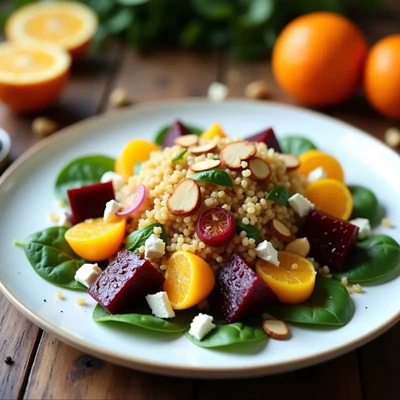 Ensalada colorida en plato blanco con remolacha en cubos, gajos de naranja, quinoa esponjosa, espinacas frescas, cebolla morada y almendras tostadas, bañada en vinagreta dorada.