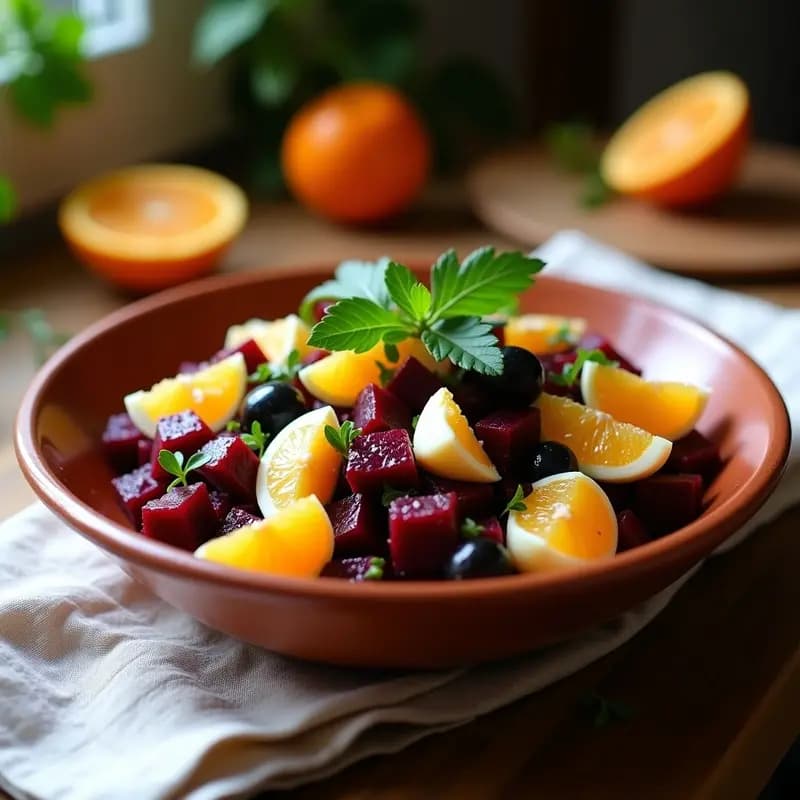 Ensalada murciana colorida en bol de barro con remolacha en dados, gajos de naranja, bacalao desalado, huevo duro, aceitunas negras y perejil, aliñada con aceite de oliva y vinagre de Jerez.