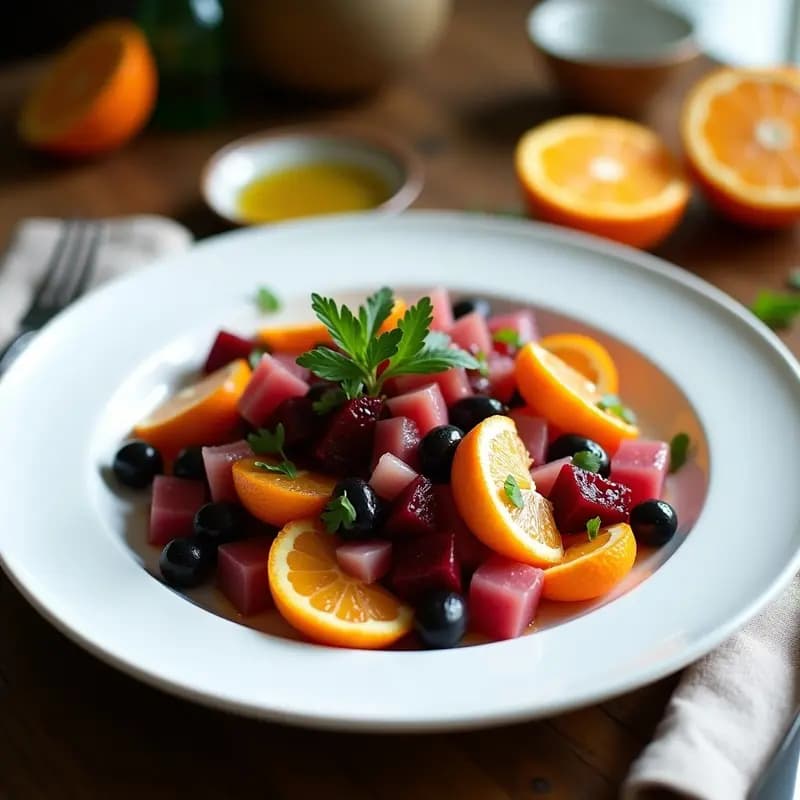 Ensalada fresca murciana con cubos de remolacha cocida, gajos de naranja, trozos de ventresca de atún, aceitunas negras y cebolla morada, aliñada con vinagreta de miel y vinagre de Jerez, servida en un plato blanco sobre fondo rústico de madera.