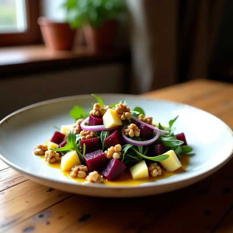 Ensalada navarra en plato blanco con remolacha en cubos, queso Idiazábal en dados, nueces tostadas, cebolla morada y manzana verde, bañada en vinagreta brillante, sobre un fondo rústico de madera.